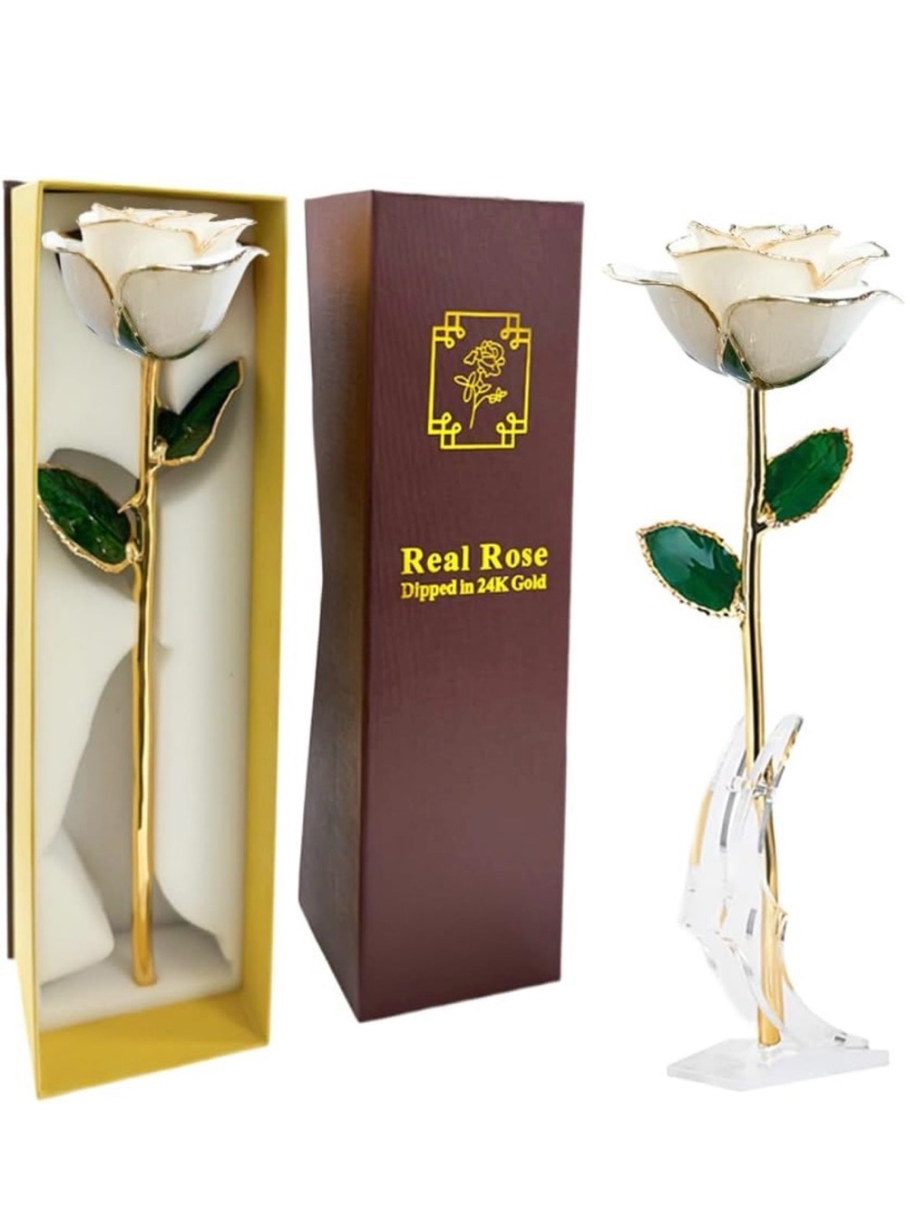 Real Rose 24K Gold Dipped White and Green Decorative Rose 🌹